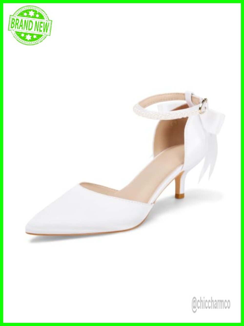 Pearl Ankle Strap Bow Kitten Heels Satin Wedding Pumps